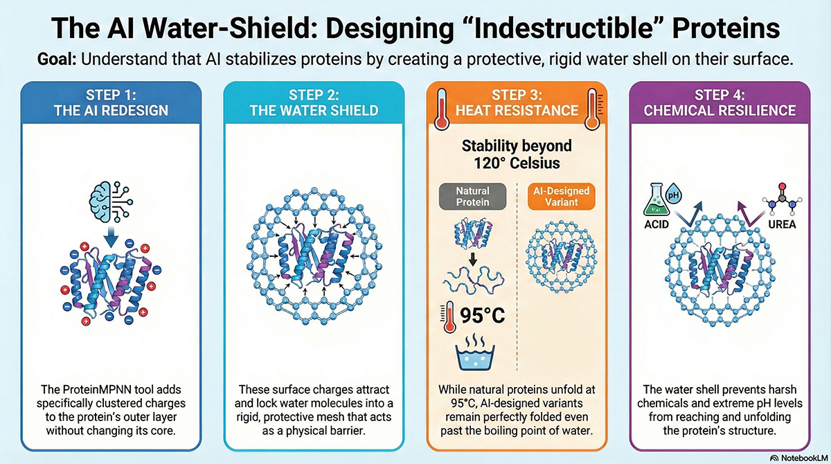 Mesostructured Water Enhances Stability of ProteinMPNN-Designed Ubiquitin-Fold Proteins